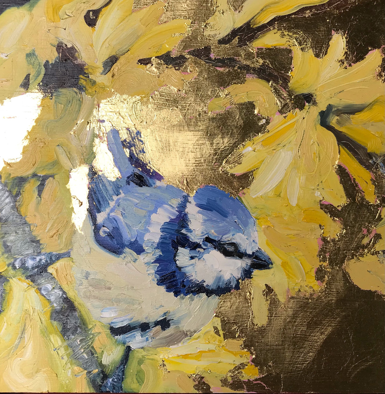 A Jill Hudson painting of a small blue and white bird in a yellow and gold tree 