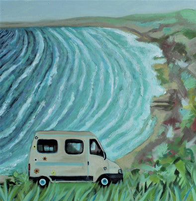 white camper van parked on headland overlooking turquoise sea and beach in the distance by Cornish artist Siobhan Purdy