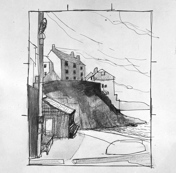 Black and white drawing of houses in Cawsand overlooking the ocean, beach and upturned boat in foreground by Steven Buckkler 