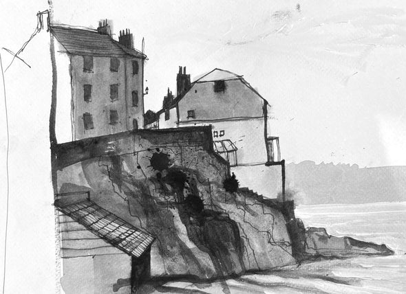 Black and white drawing of houses looking down to ocean by artist Steven Buckler