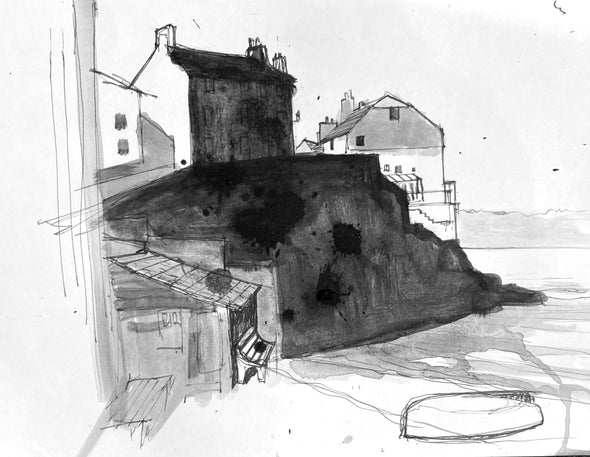 Black and white drawing of houses overlooking dark cliff into ocean with upturned boat in foreground on beach by artist Steven Buckler