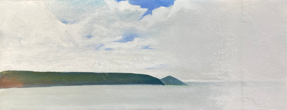 Seascape painting of grey sea in foreground, Rame Head in south east Cornwall the background and cloudy sky by artist Steven Buckler