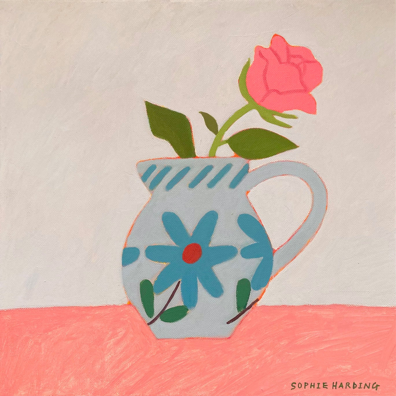 Still life painting by Sophie Harding of pink rose in floral jug on pink table 