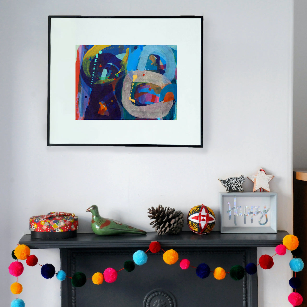 Artist Ella Carty, abstract piece in tones of blue, grey with a sprinkle of yellow, red and pink