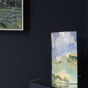 large eliptical shaped nerikomi ceramic vase with painted landscapeby UK ceramic artist Judy McKenzie