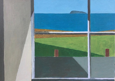 Painter Philip Lyons, white wall with view through window panes to green grass area and blue coastline