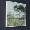 framed painting of Green field with fence and gate with tall green trees in the background on blue sky by Cornish artist Imogen Bone