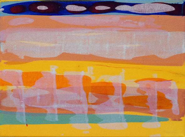 Cornish artist Ella Carty abstract piece of coloured sections of yellows, oranges, peach and blues.