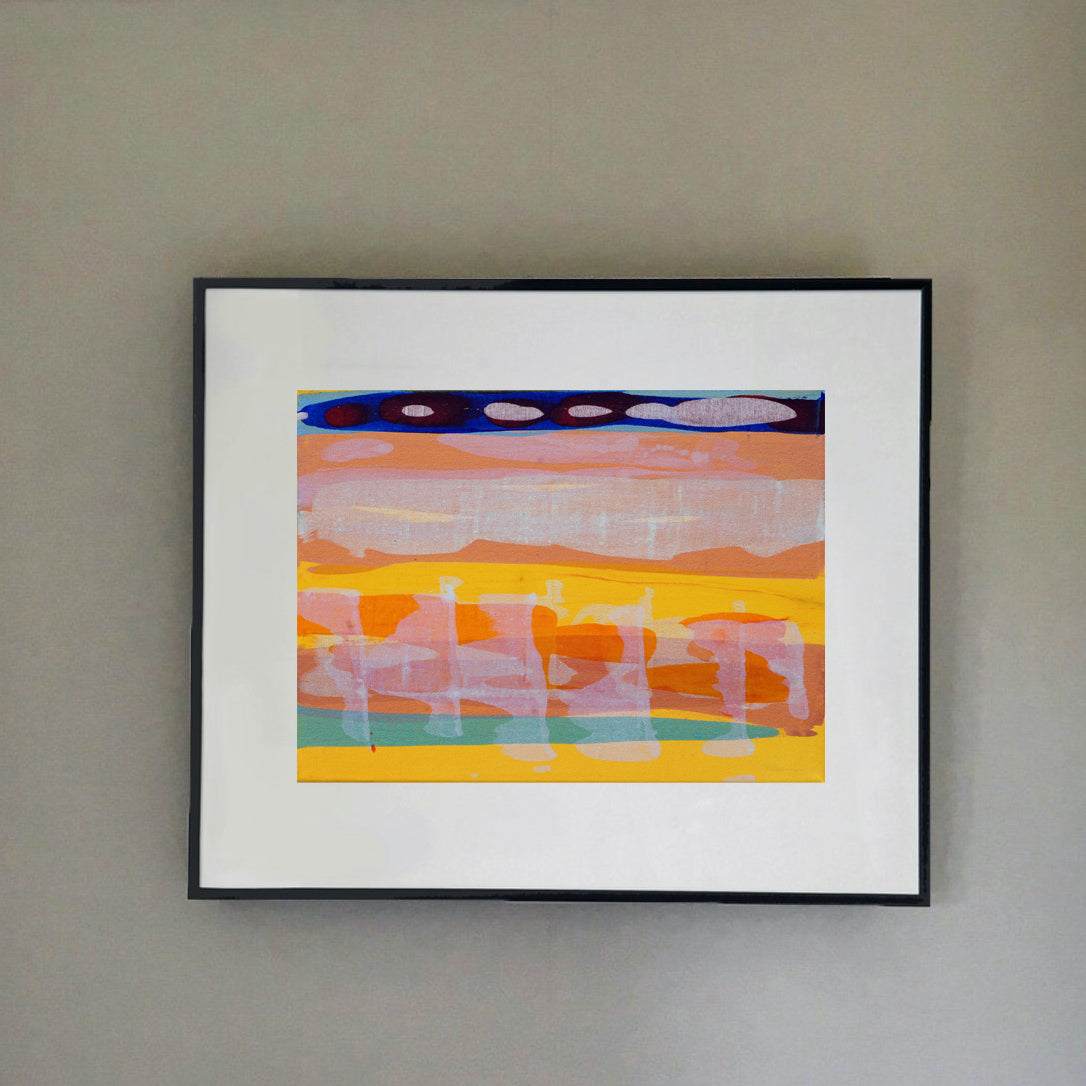 Cornish artist Ella Carty abstract piece of coloured sections of yellows, oranges, peach and blues