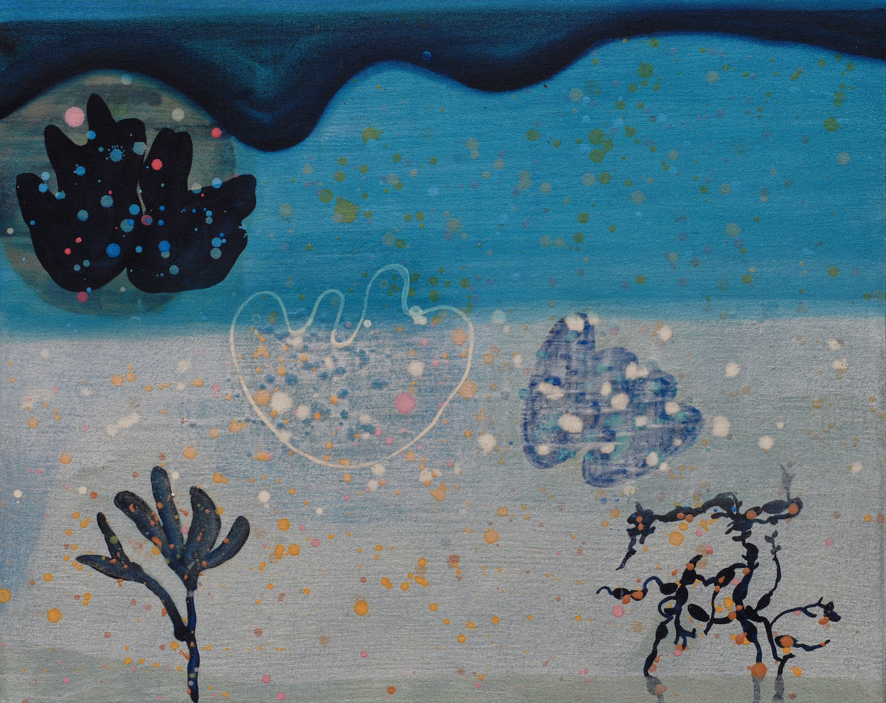 Tones of blues and greys with sea weed shapes by artist Ella Carty
