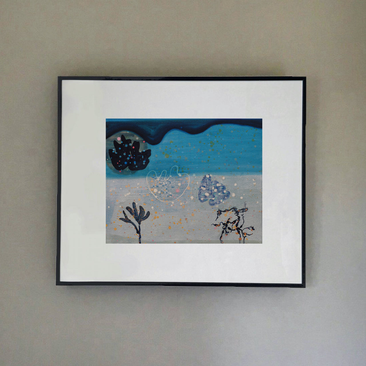 Tones of blues and greys with sea weed shapes by artist Ella Carty.