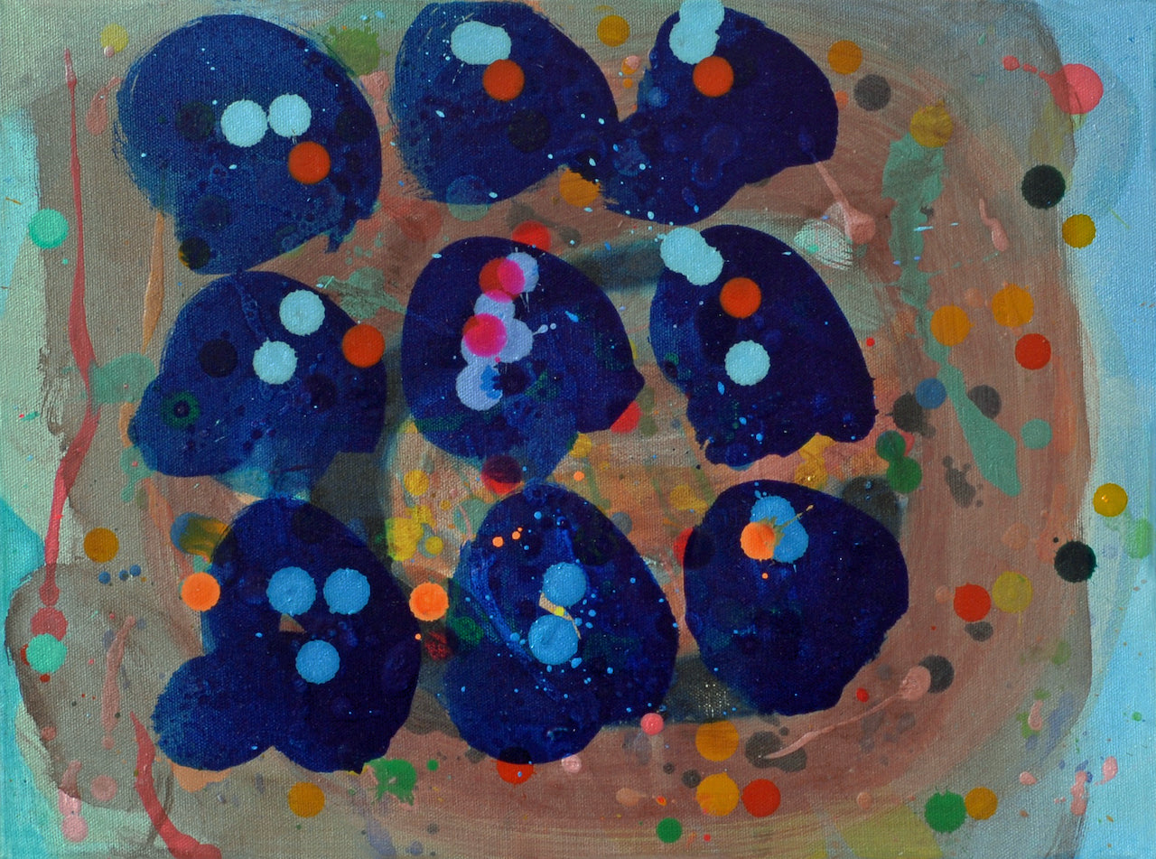 Nine blue shells on an ochre background with coloured spots of blues, reds and oranges by Ella Carty.