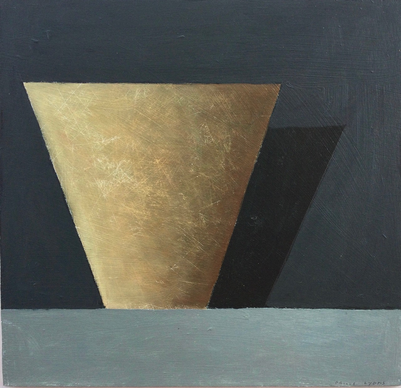 Close up painting of terracotta pot against dark grey background by artist Philip Lyons