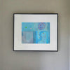 Abstract piece in tones of blue with subtle shapes and pink tones throughout by artist Ella Carty.