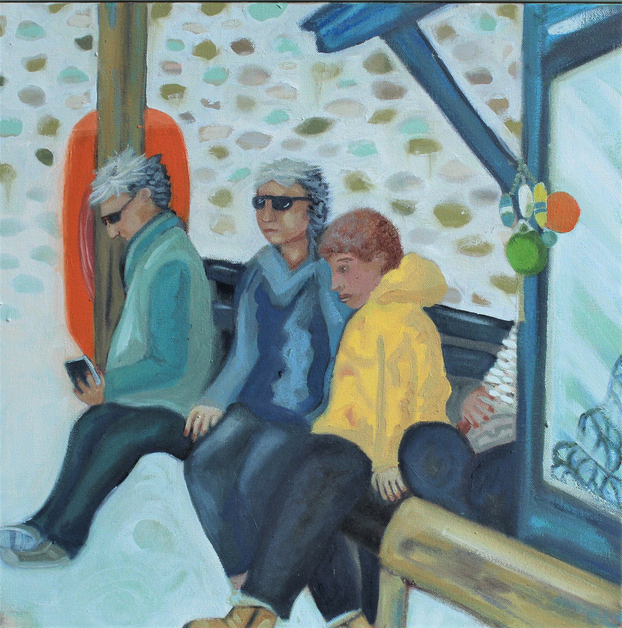 Three people sitting on a bench waiting for a ferry with a wall behind them and shop window to the right by Cornish artists Siobhan Purdy