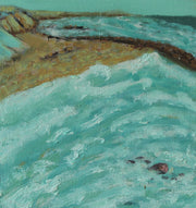 A figure swimming in the turquoise sea with beach and cliffs in the background by Cornish artist Siobhan Purdy