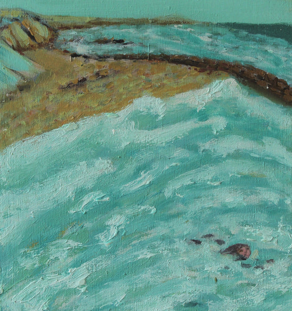 A figure swimming in the turquoise sea with beach and cliffs in the background by Cornish artist Siobhan Purdy