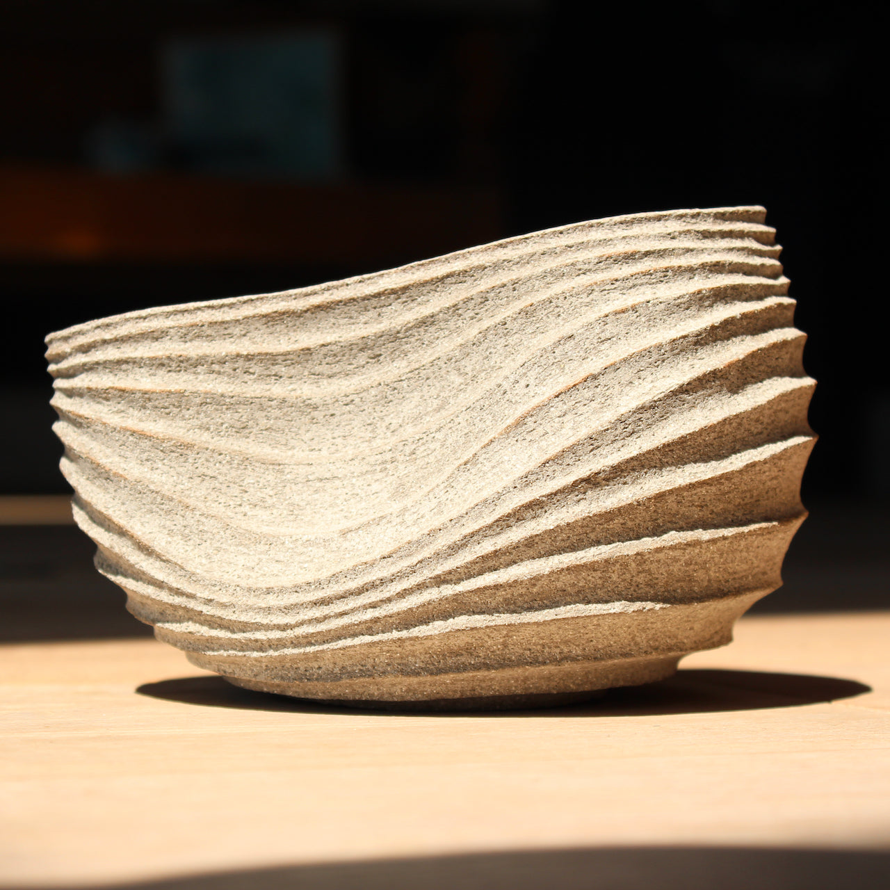 slumped carved with rib design stoneware bowl by UK ceramic artist Michele Bianco