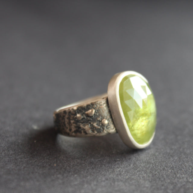 Sphene ring in textured sterling silver by Carin Lindberg