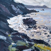 A detail of a painting of Rame Head in Cornwall by Jill Hudson, called From the Rocks  showing grey sea with dark cliffs 