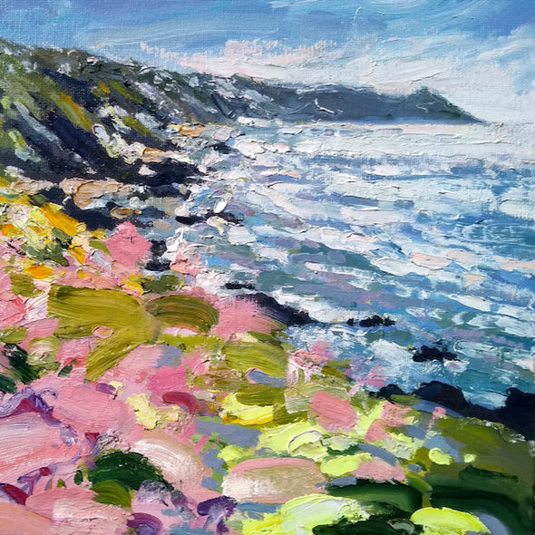 Detail from a painting of Rame head in Cornwall by artist Jill Hudson showing pink flowers on a cliff next to a white sea