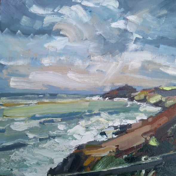 detail of a painting called Winter Walk by Jill Hudson showing Rame Head and coastal path in Cornwall.