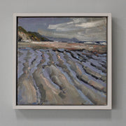 Framed painting of tidelines on a beach, Tregangtle in Cornwall by artist Jill Hudson 