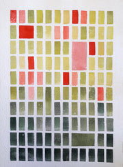 Abstract painting by David Muddyman of pink, yellow and green rectangles 
