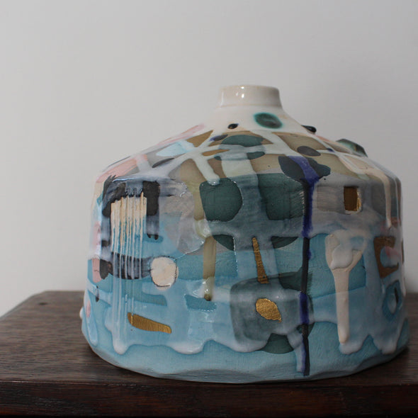 squat pink and blue ceramic bottle by UK ceramicist Dawn Hajittofi
