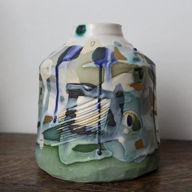 small ceramic bottle in blue, grey and green by UK potter Dawn Hajittofi 
