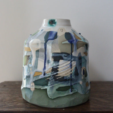 green and blue ceramic bottle  by Uk ceramicist Dawn Hajittofi