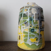 ceramic bottle in yellow, grey and green by UK potter Dawn Hajittofi 