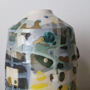 ceramic bottle in yellow, grey and green by UK ceramicist Dawn Hajittofi 