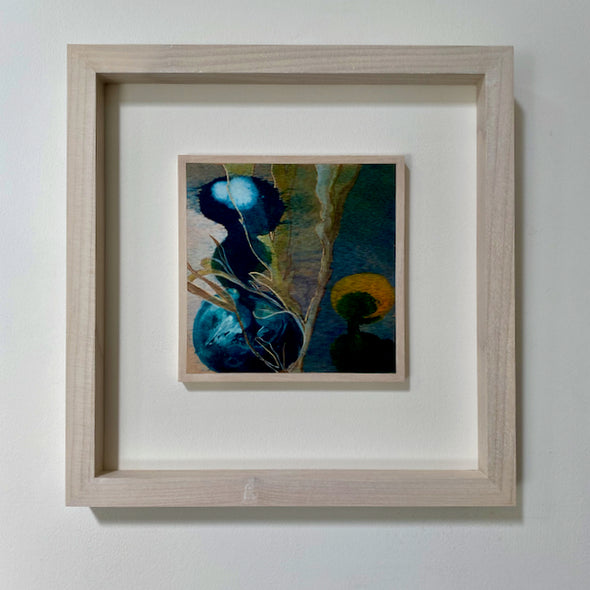 framed abstract painting by Tara Leaver inspired by shapes and colours under the sea, oranges, white, blue and purples.  