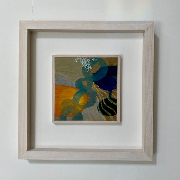 framed abstract painting by Tara Leaver inspired by shapes and colours under the sea, oranges blues and purples 