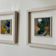 two framed abstract paintings by Tara Leaver in purples and oranges 