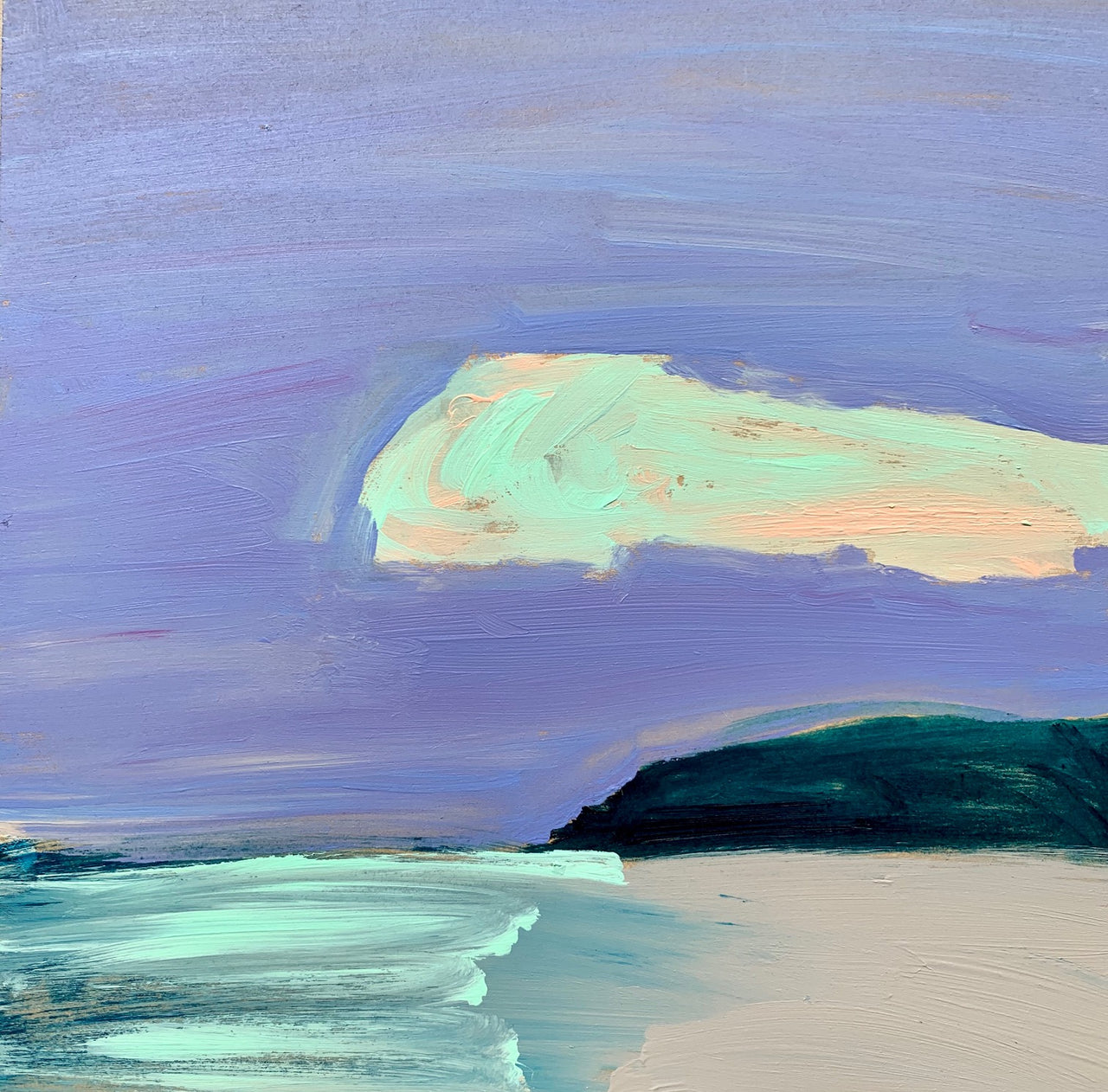 Abstract painting of landscape in purple and blue by Alex Yarlett