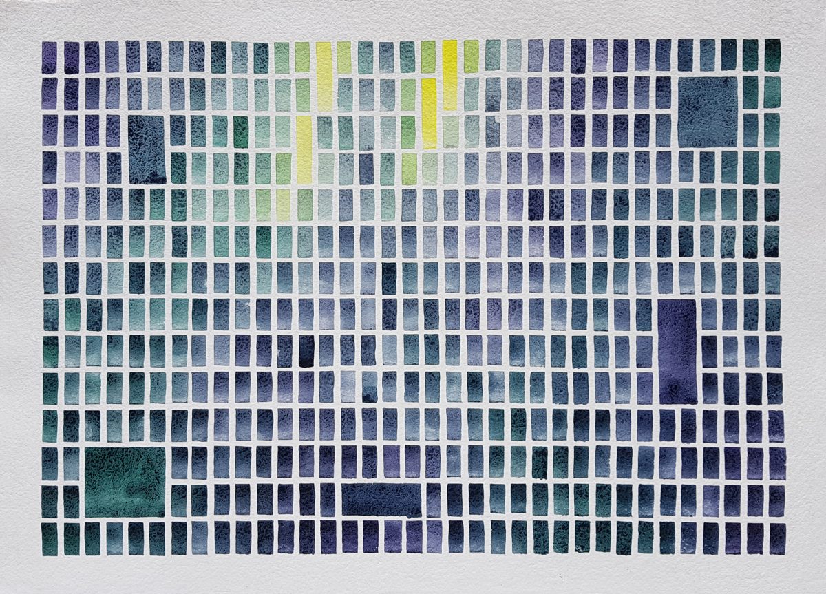 Abstract painting of blue, green and purple squares and rectangles on white paper landscape format