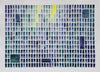 Abstract painting of blue, green and purple squares and rectangles on white paper landscape format 