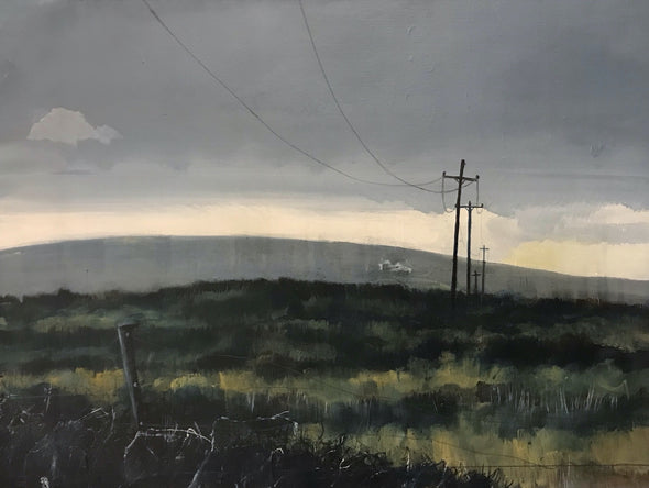 landscape painting featuring hills and field and telegraph pole