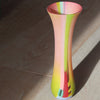 tall and narrow glass vase in pink, yellow and lime green stripes by UK glass artist Ruth Shelley
