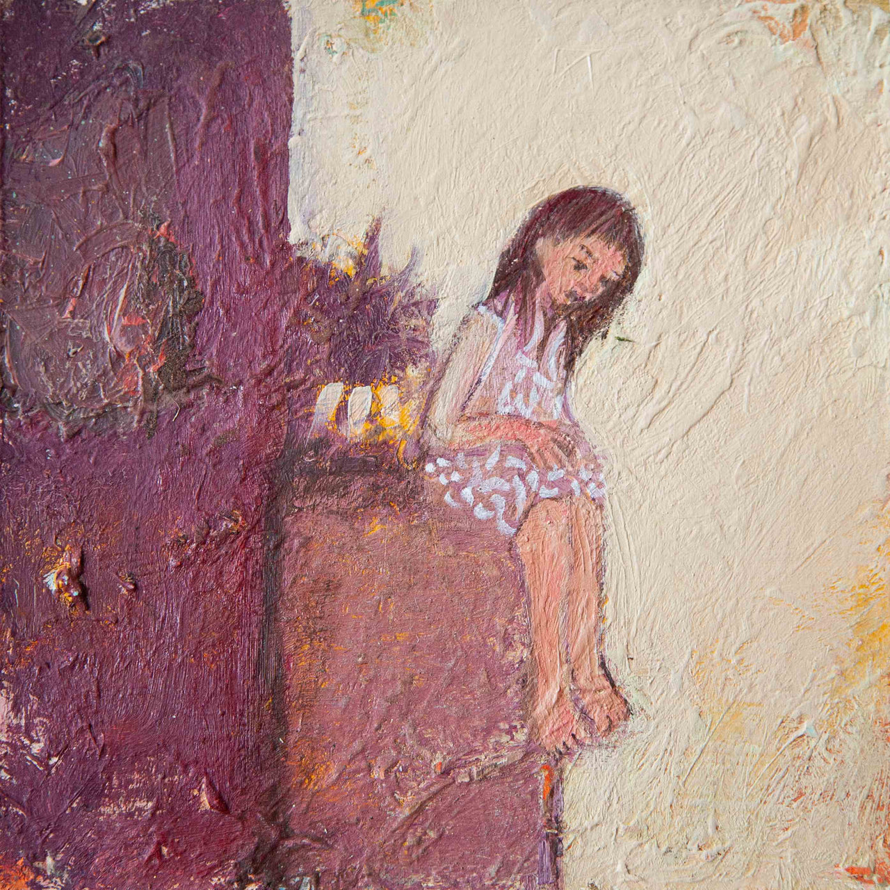 Siobhan Purdy painting of a girl sat alone in purples and neutrals 
