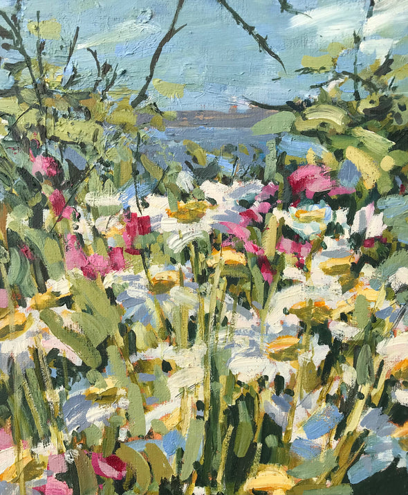 Cornwall artist Jill Hudson painting of wildflowers in the foreground and the sea to the rear 