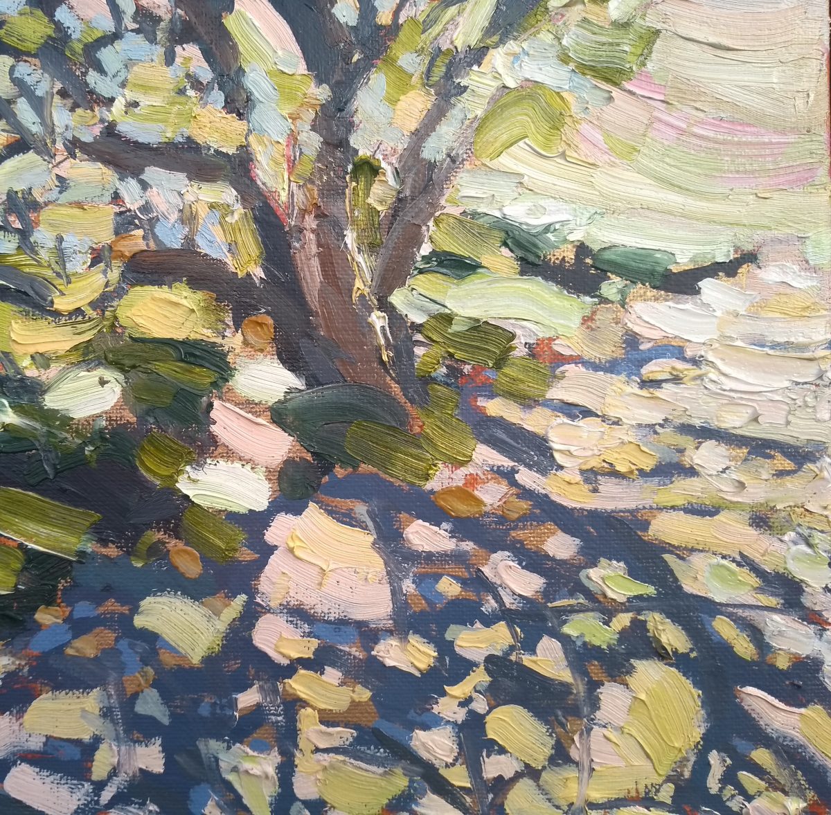 Jill Hudson oil painting called along a coast path which is of an abstract tree on a pink and yellow background
