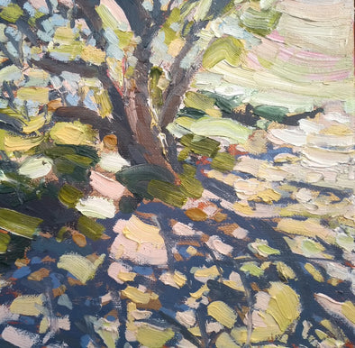 Jill Hudson oil painting called along a coast path which is of an abstract tree on a pink and yellow background 
