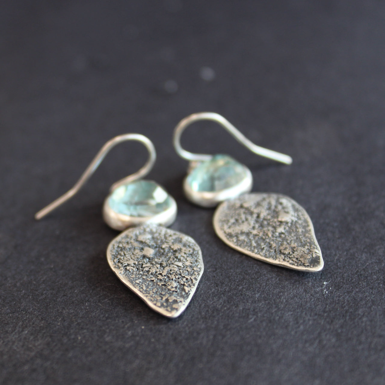 Textured silver with aquamarine stone drop earrings