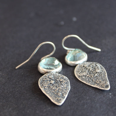 Textured silver with aquamarine stone drop earrings