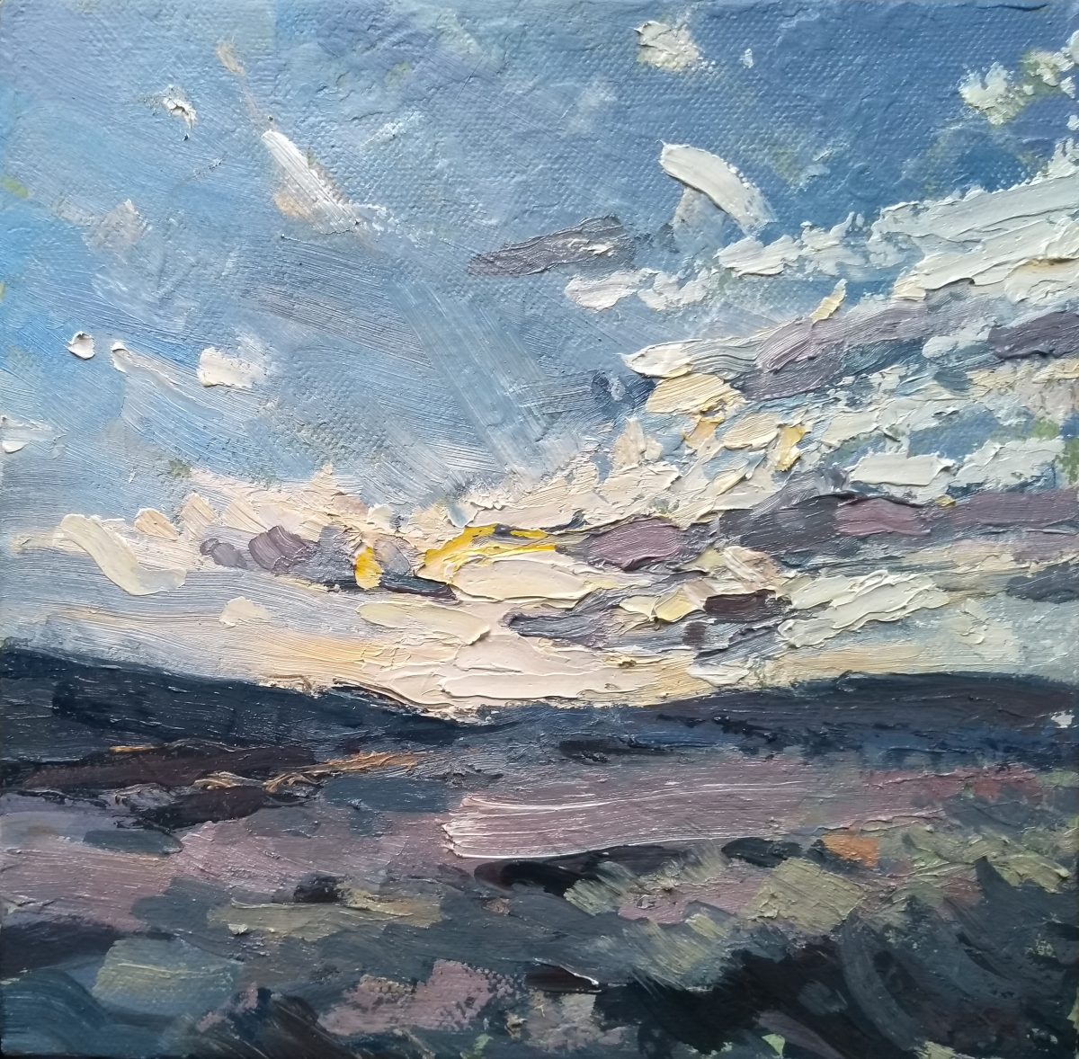 Oil painting by Cornwall artist Jill Hudson of a landscape in blues and purples showing the sun going down