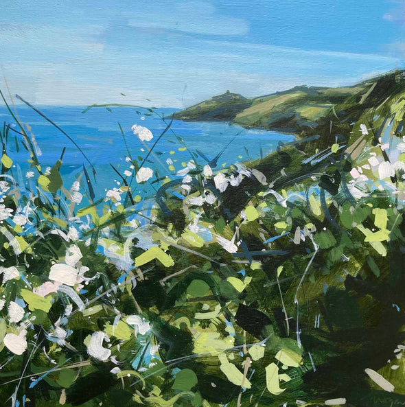 Imogen Bone painting of the coast with blackthorn and blue skies