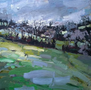 Oil painting by Cornwall artist Jill Hudson of trees in a field with blue and green tones